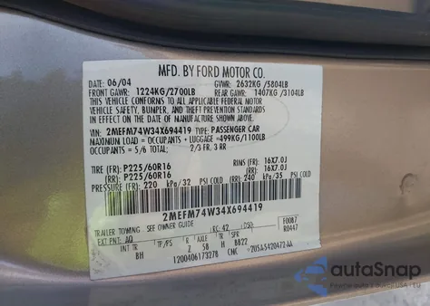 2004 Mercury Grand Marquis Gs из США, поврежденный, VIN 2MEFM74W34X694419